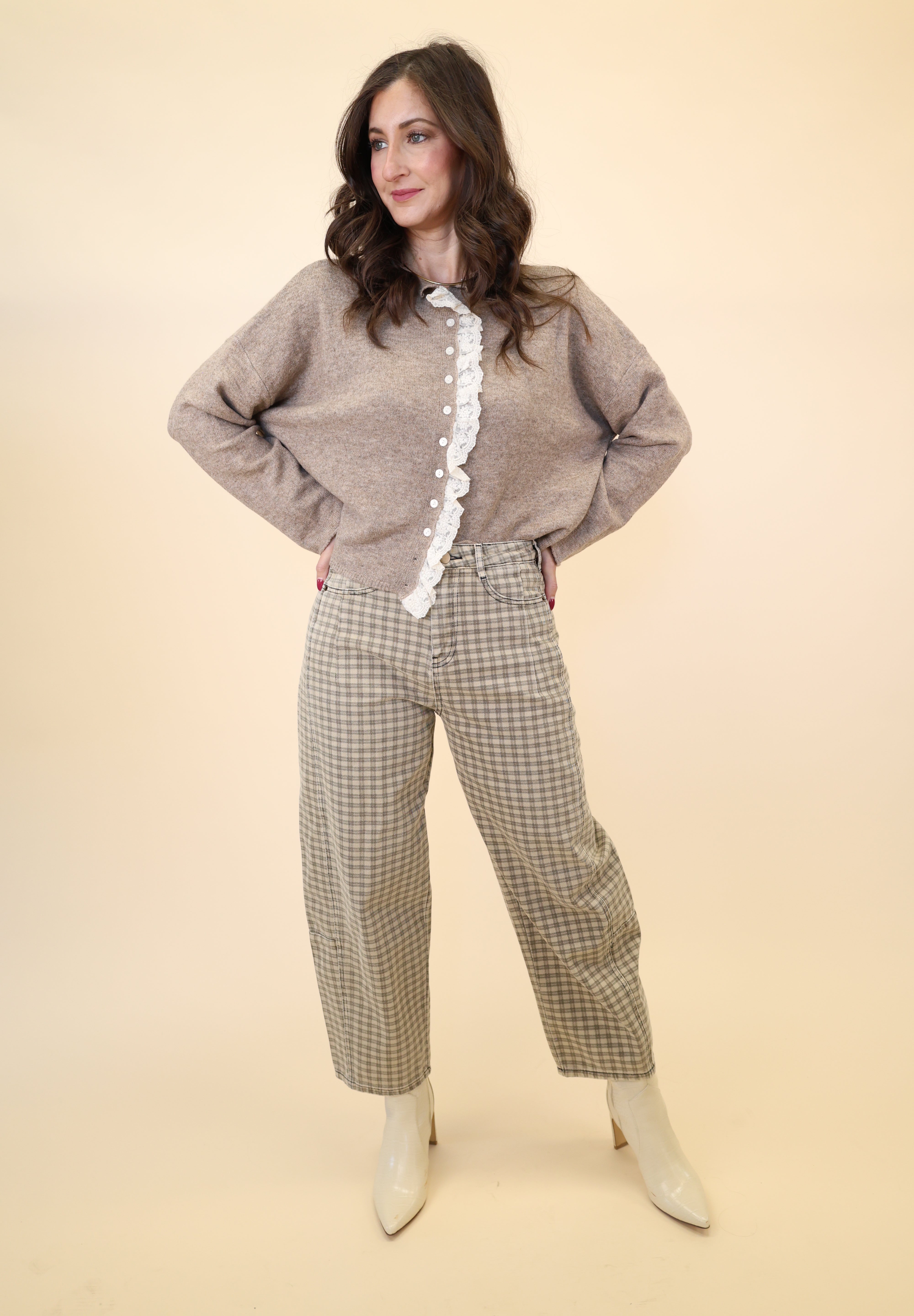 Miou Muse All Frills button-front cardigan with white lace trim and cozy beige knit