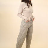 Chic neutral plaid barrel pants by Miou Muse, cropped at the ankle for effortless style