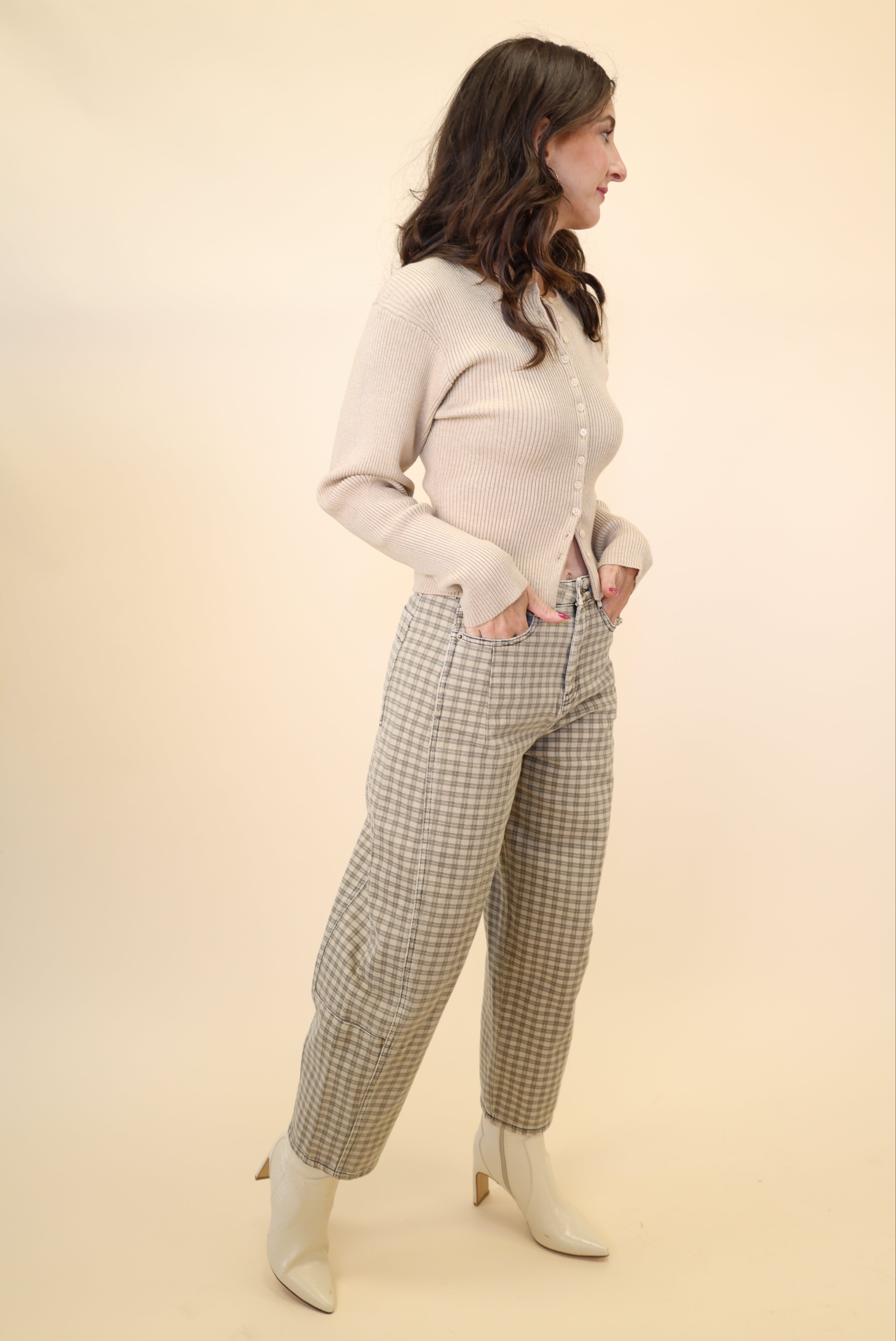 Chic neutral plaid barrel pants by Miou Muse, cropped at the ankle for effortless style