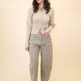 Tan plaid barrel pants by Miou Muse featuring mini check pattern and cropped ankle fit