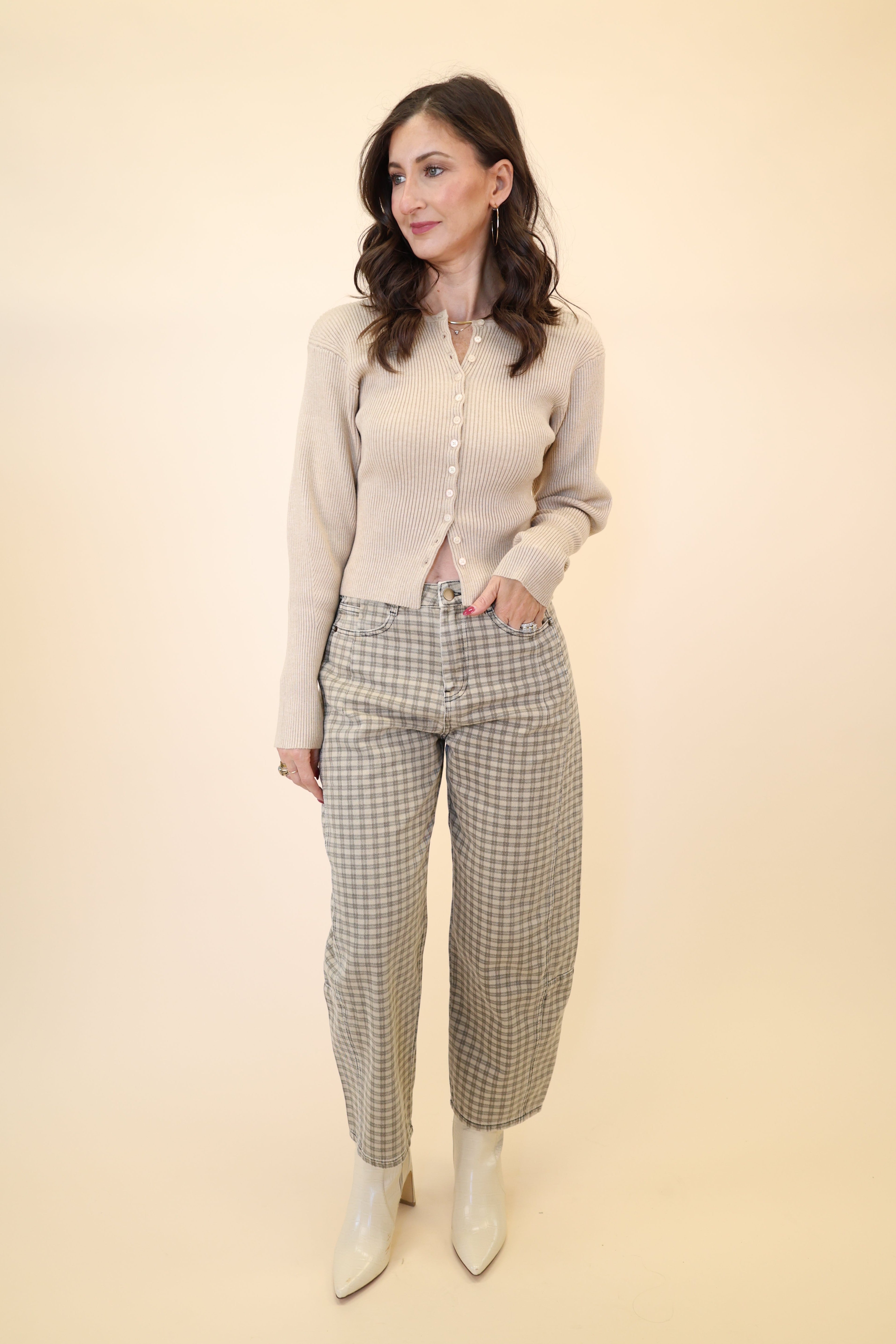 Tan plaid barrel pants by Miou Muse featuring mini check pattern and cropped ankle fit