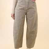 Miou Muse mini check barrel pants in neutral tan plaid with ankle-length inseam