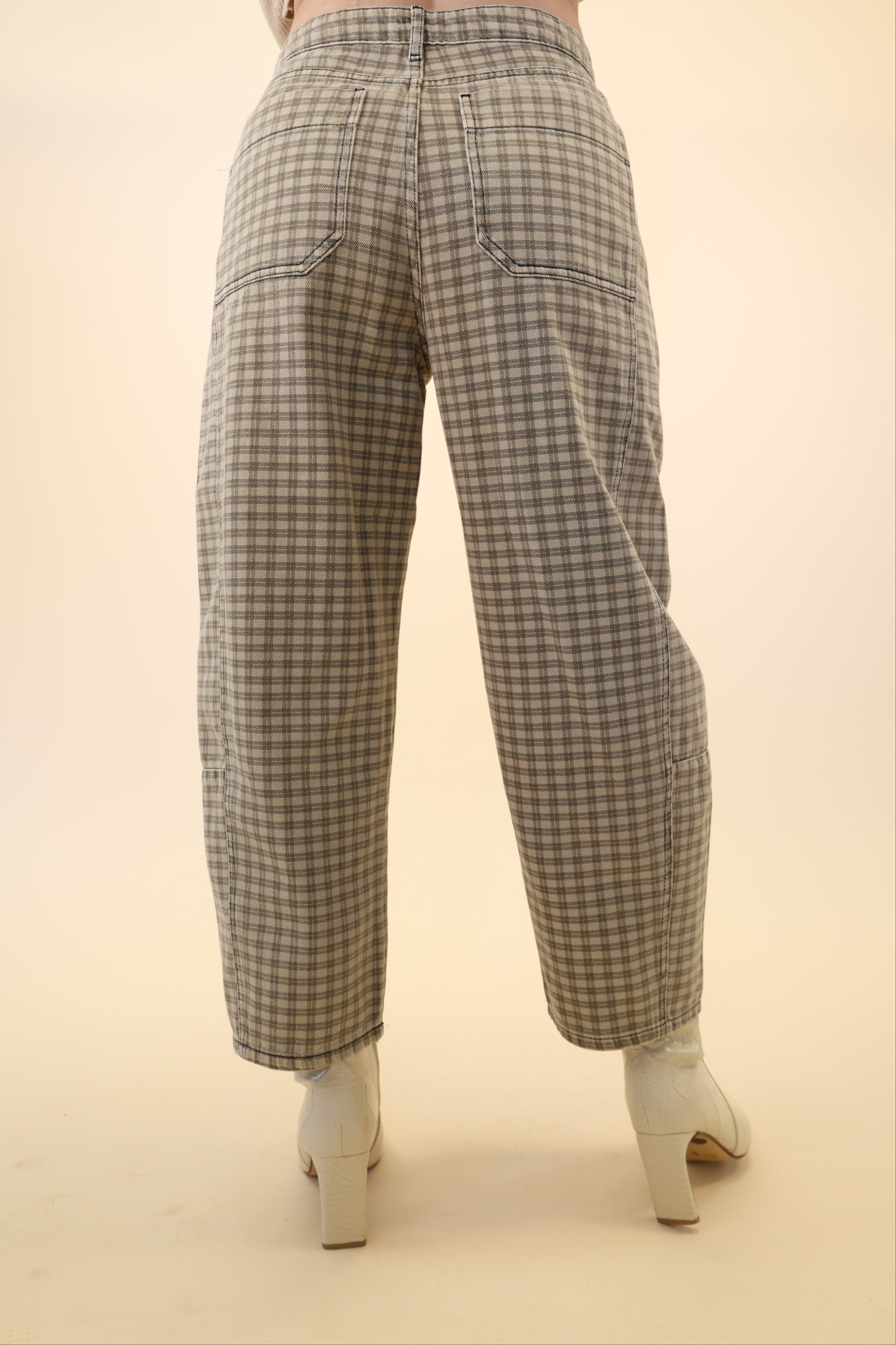 Miou Muse plaid barrel pants in soft tan tones, tailored ankle inseam and modern shape