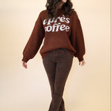 Brown oversized sweatshirt with white Après Coffee text — Girl Dangerous casual style