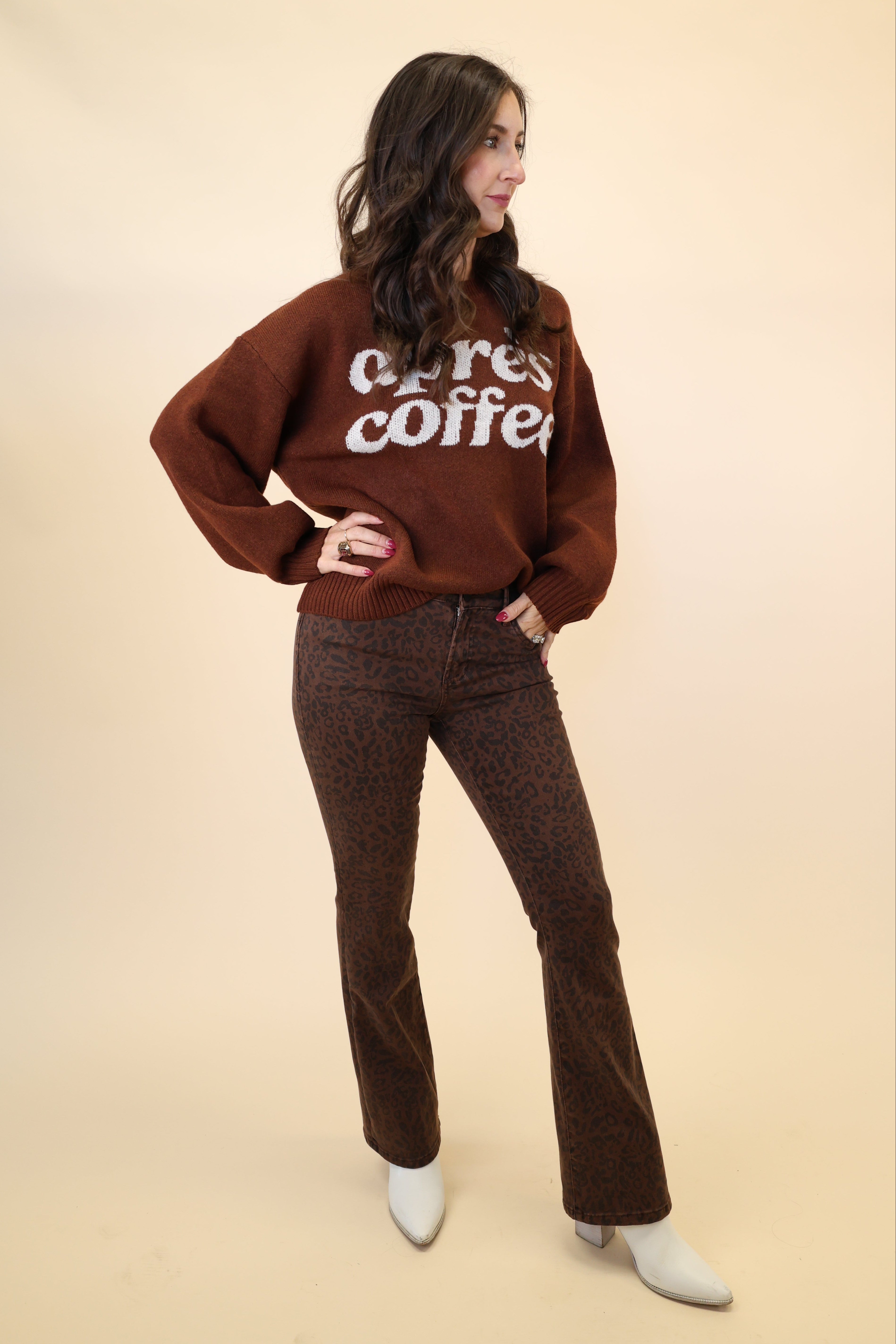 Chic brown and black leopard print slim bootcut jeans from Dear John with flared leg detail