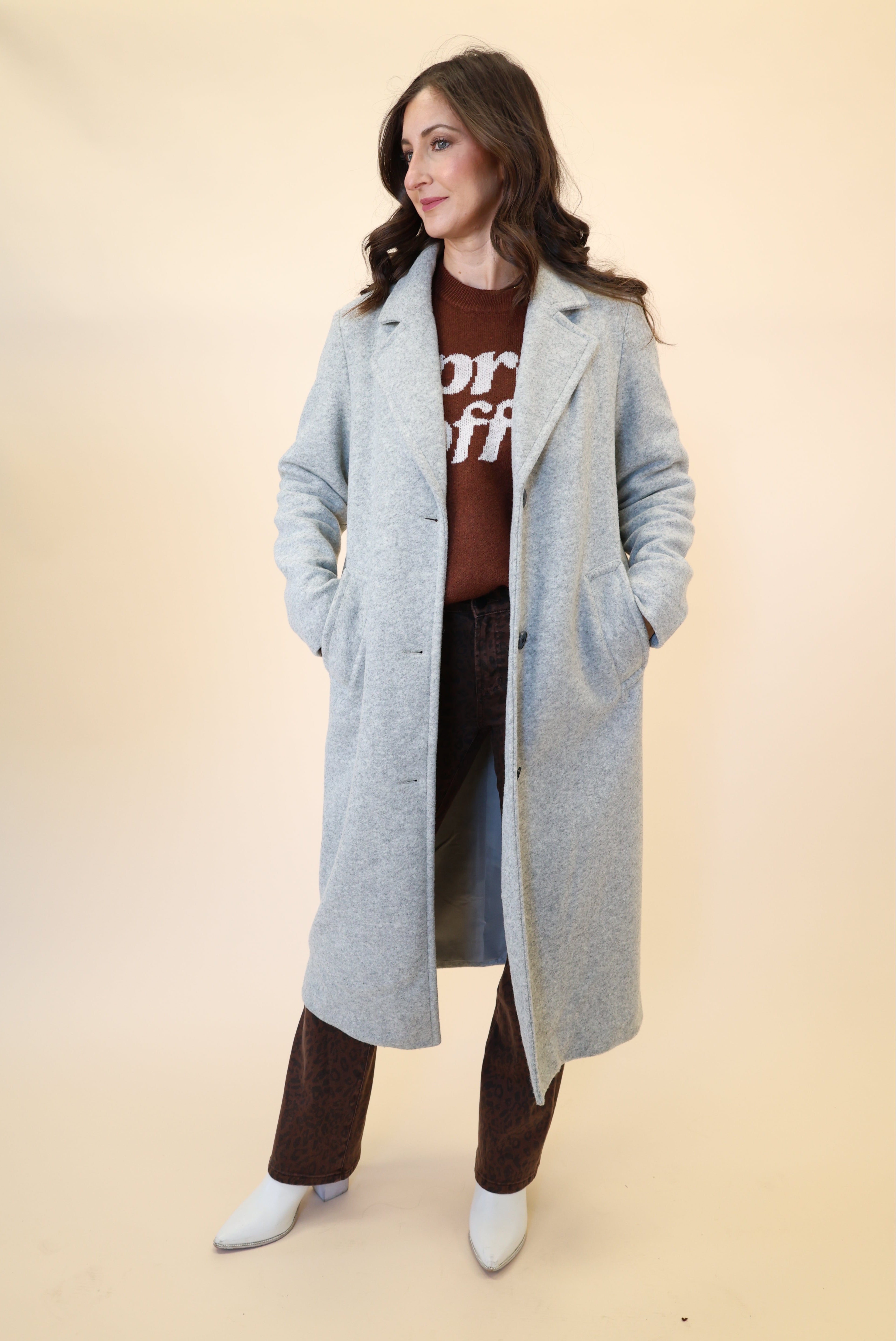 Soft brown knit oversized sweatshirt by Girl Dangerous with white Après Coffee design