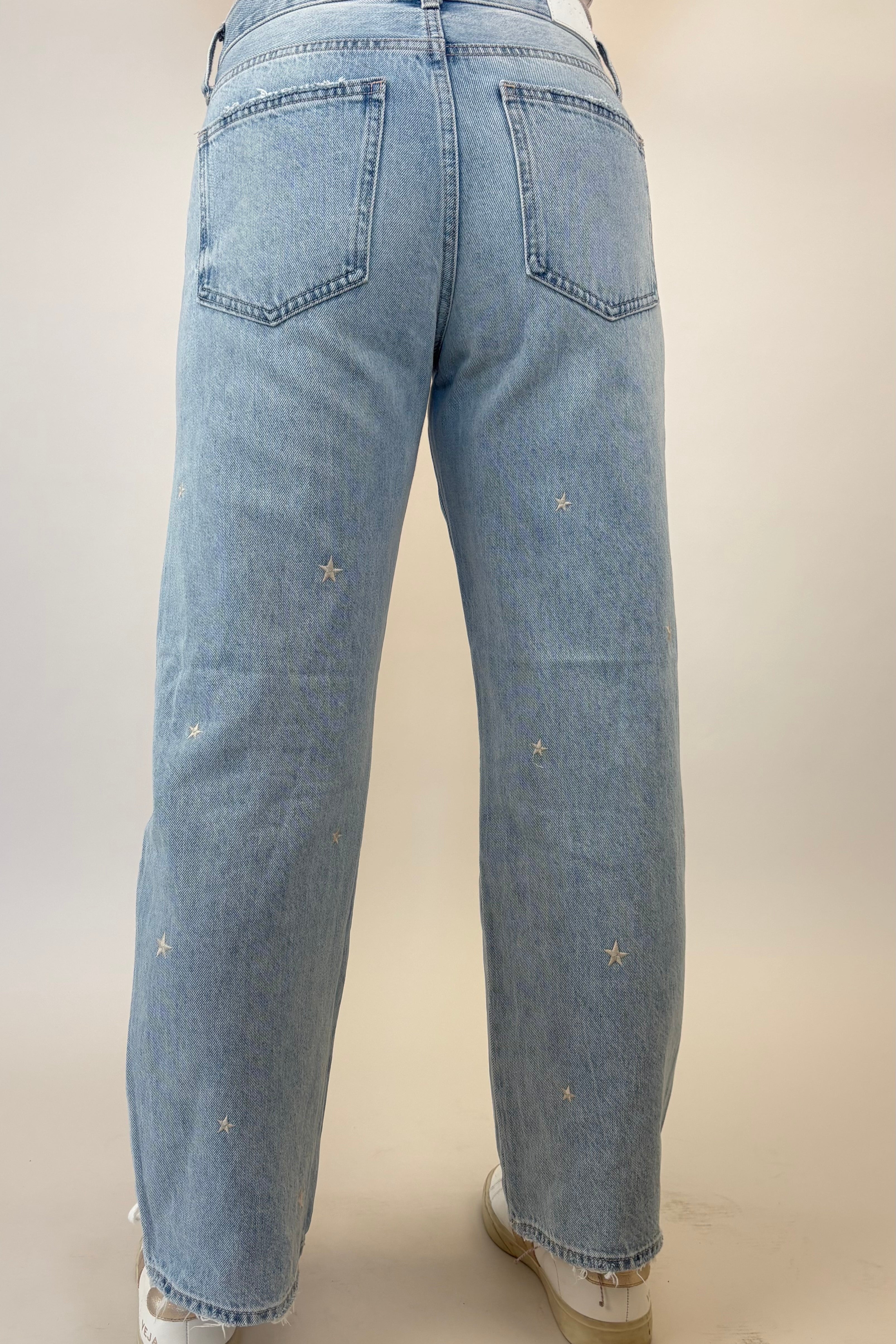 Mid rise Pistola Lexi jeans featuring bowed straight leg and star embroidery