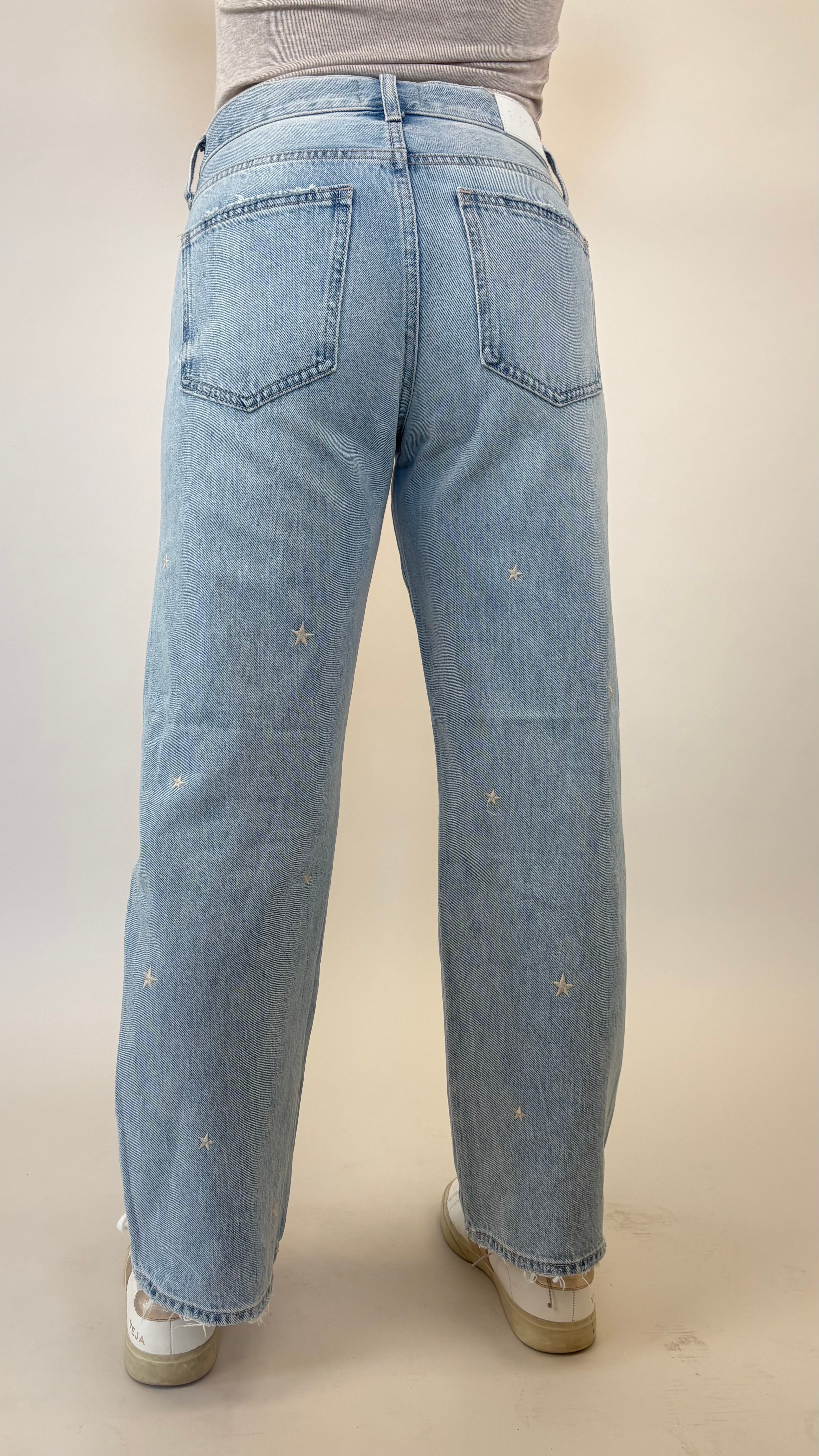 Mid rise Pistola Lexi jeans featuring bowed straight leg and star embroidery