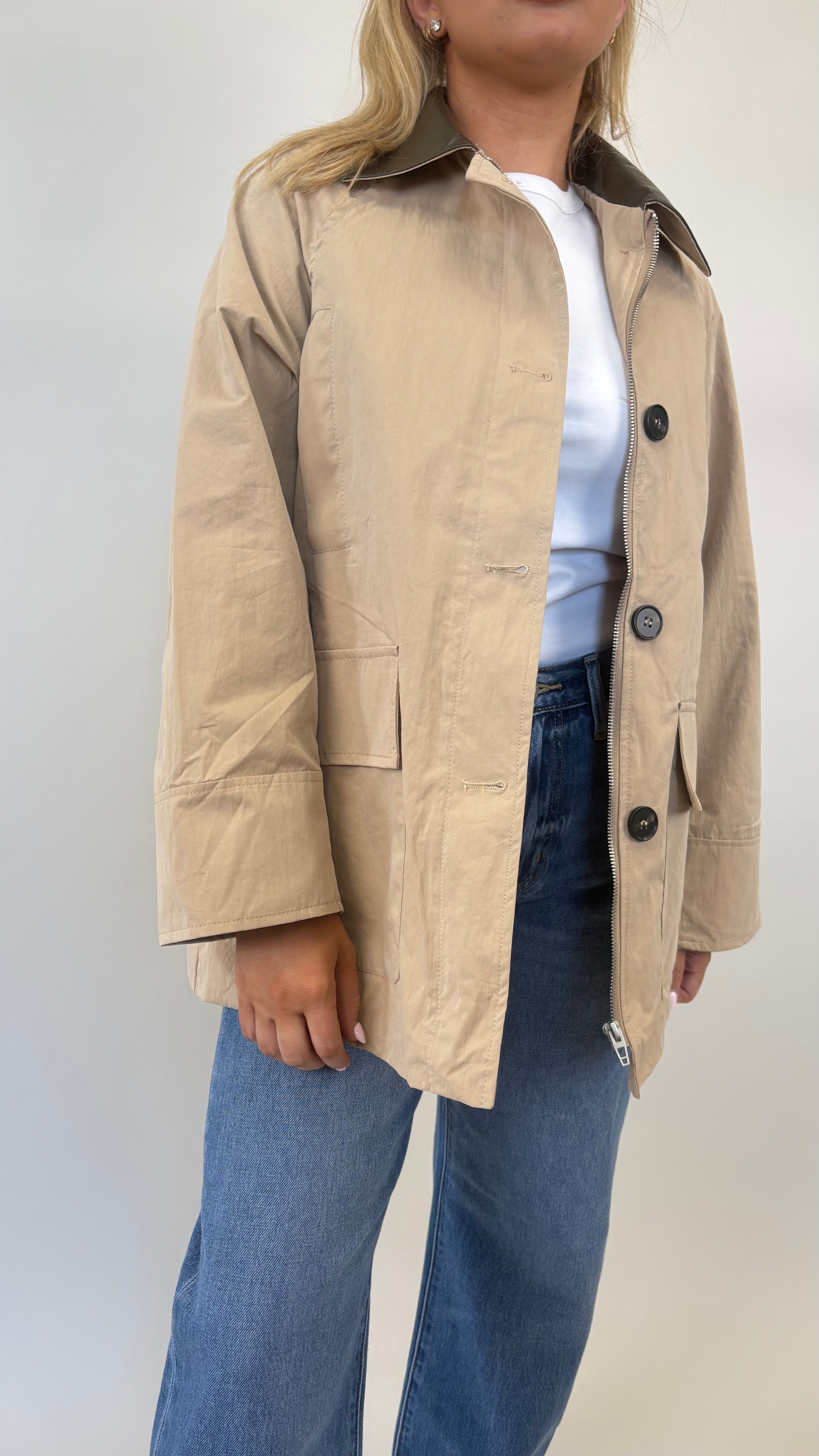 Deluc Montecarlo utility jacket in camel with faux leather accents and layered front