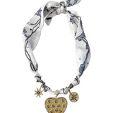 Gemelli Candice Multi Charm Scarf necklace featuring an adjustable satin scarf with interchangeable 18k gold-plated  charms. 