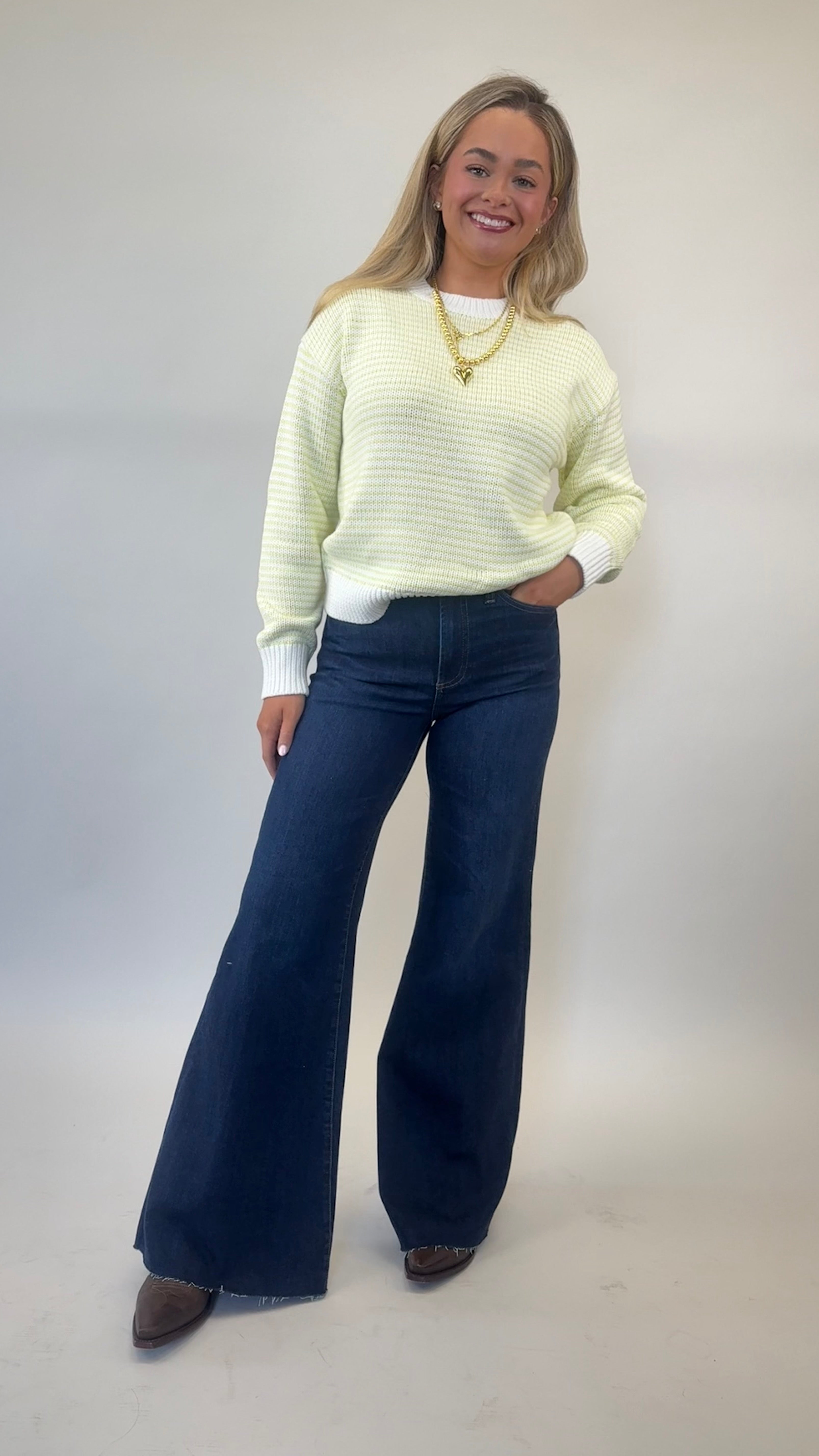 Pistola Aura relaxed crewneck sweater with lime and cream stripe detail