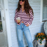 Cozy striped zip-up sweater for women styled with denim for fall