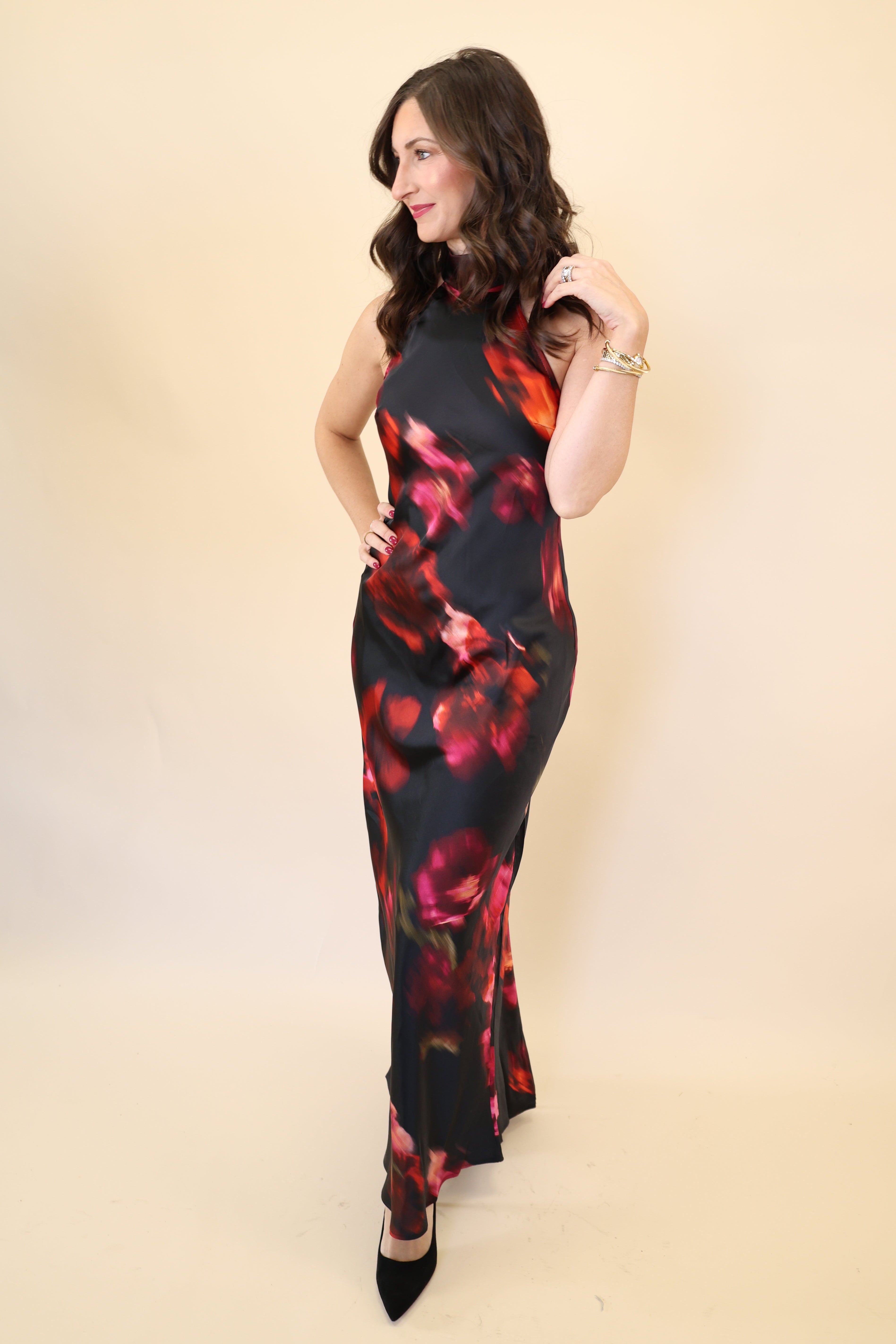 Steve Madden satin Lara Dress featuring abstract blurry floral pattern, sleeveless design, and body-skimming fit.