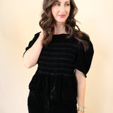 Black velvet top by Deluc featuring relaxed fit and wide short sleeves.