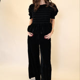 Front view of Deluc Forrest Top, plush black velvet with boxy silhouette and short wide sleeves.