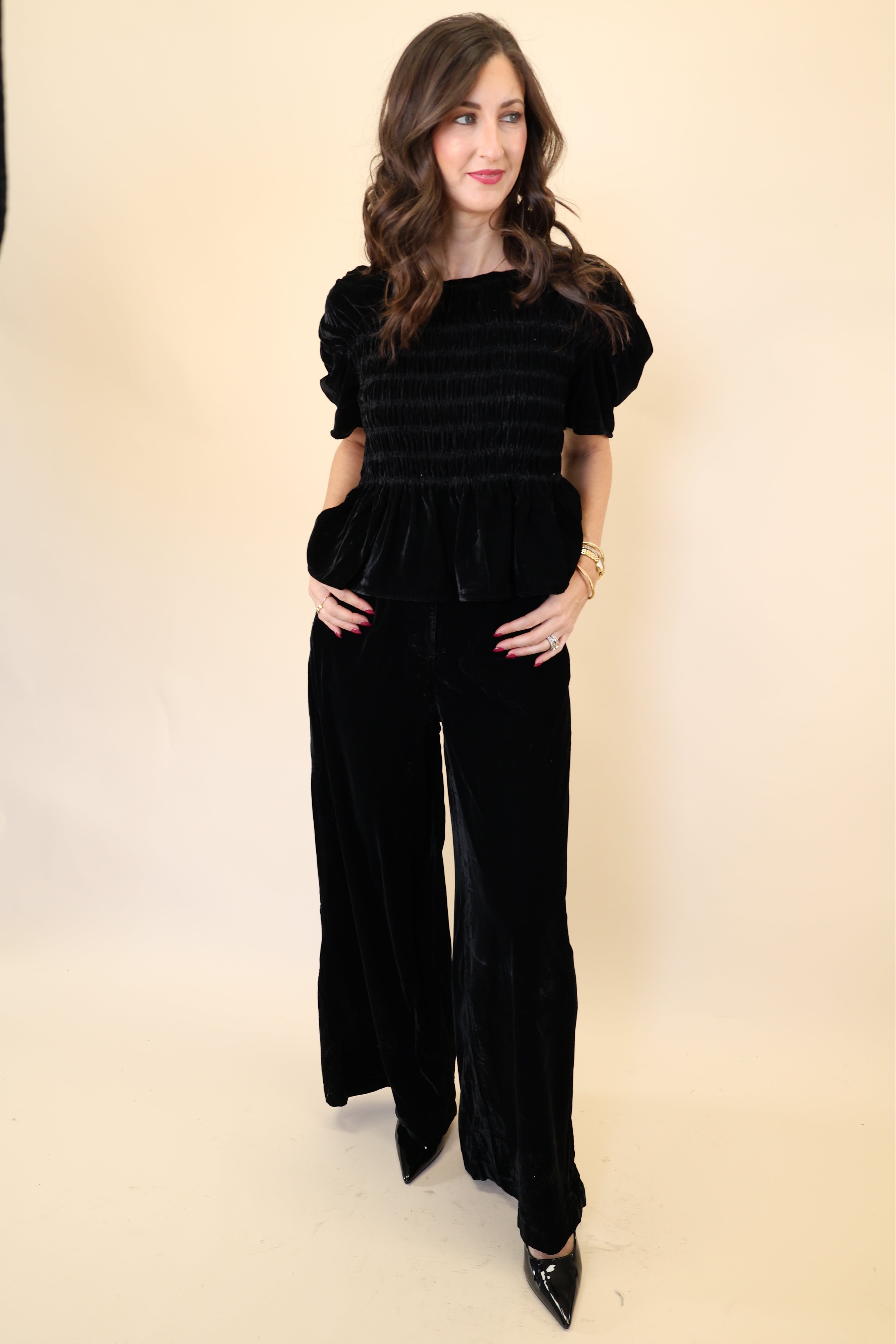 Front view of Deluc Forrest Top, plush black velvet with boxy silhouette and short wide sleeves.