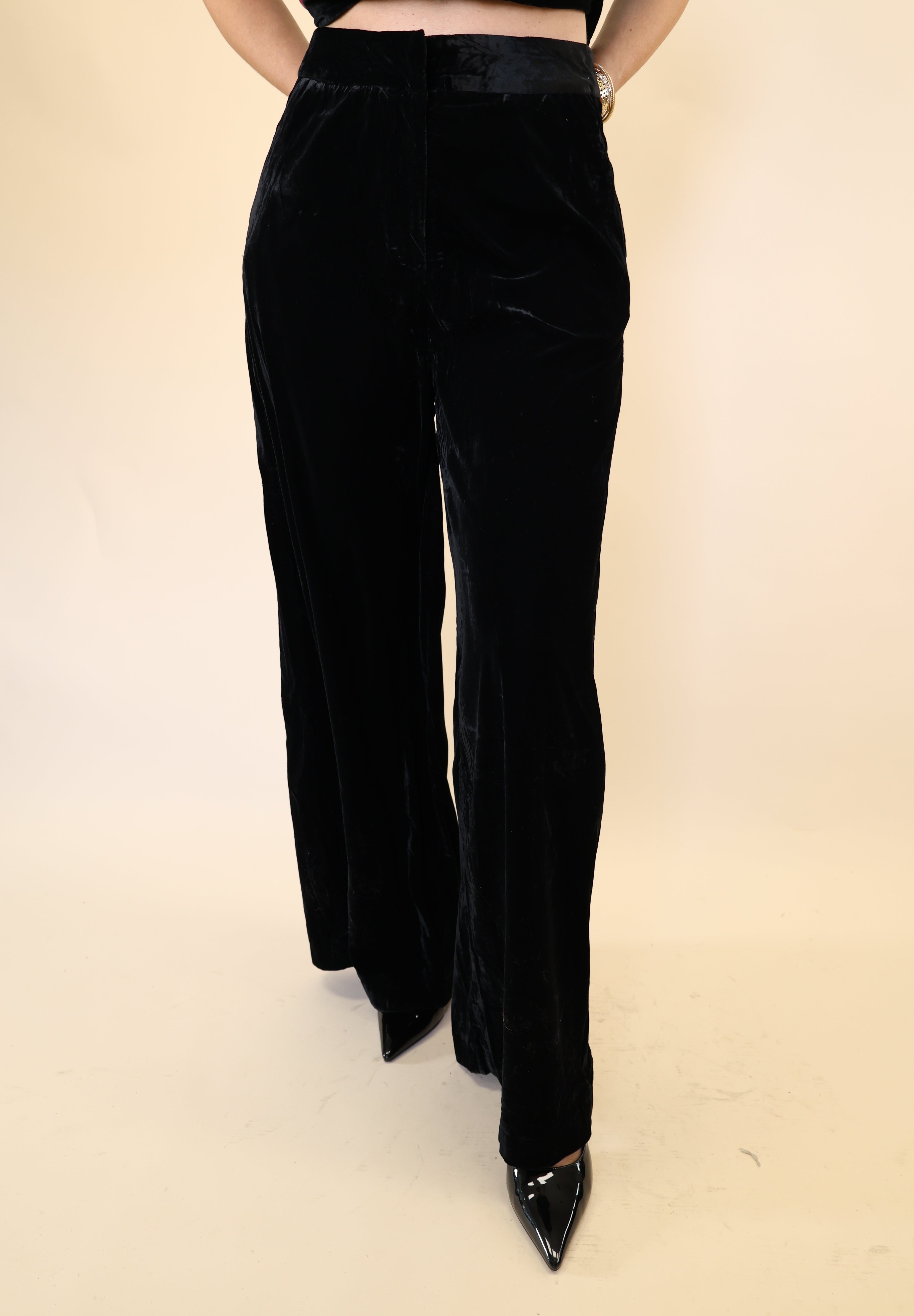 Model wearing Deluc Daisy Pants in black velvet with wide leg silhouette.