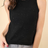 Black sleeveless knit top from Deluc featuring subtle sparkles and a fitted, polished look.