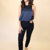 Front view of Deluc navy satin tank top showcasing bloused cropped fit and smooth sheen.