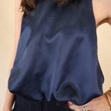 Navy satin tank top from Deluc featuring a relaxed bloused crop hem and sleek, polished finish.