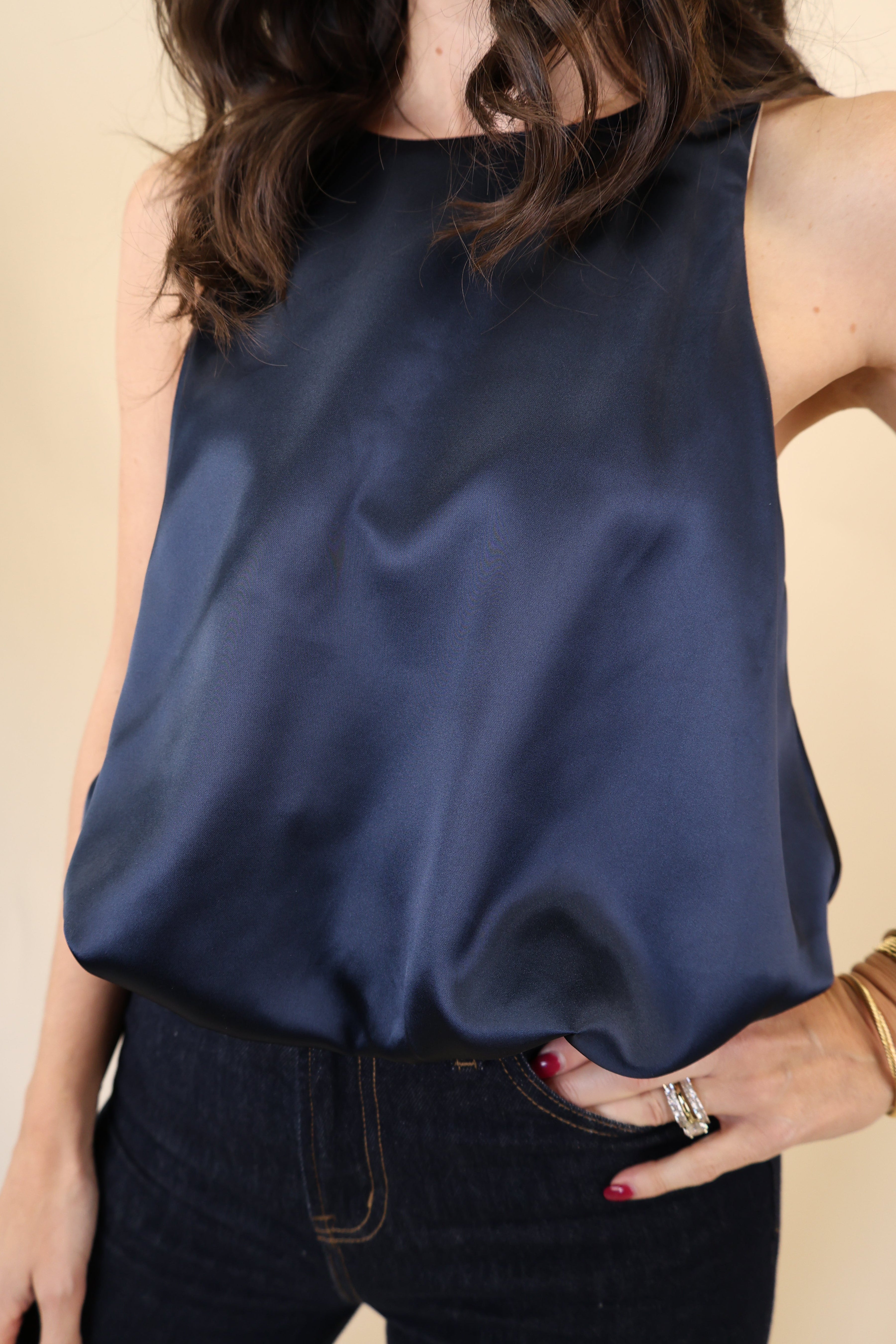 Navy satin tank top from Deluc featuring a relaxed bloused crop hem and sleek, polished finish.