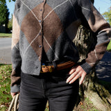 Women’s classic argyle cardigan with preppy-inspired pattern and cozy knit at Shear Boutique Olney