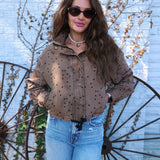 The Spotted Funnel Jacket in espresso brown with braided trim and cropped fit