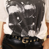 White crewneck tee with a bold disco ball print, short sleeves, and a classic regular-fit silhouette.