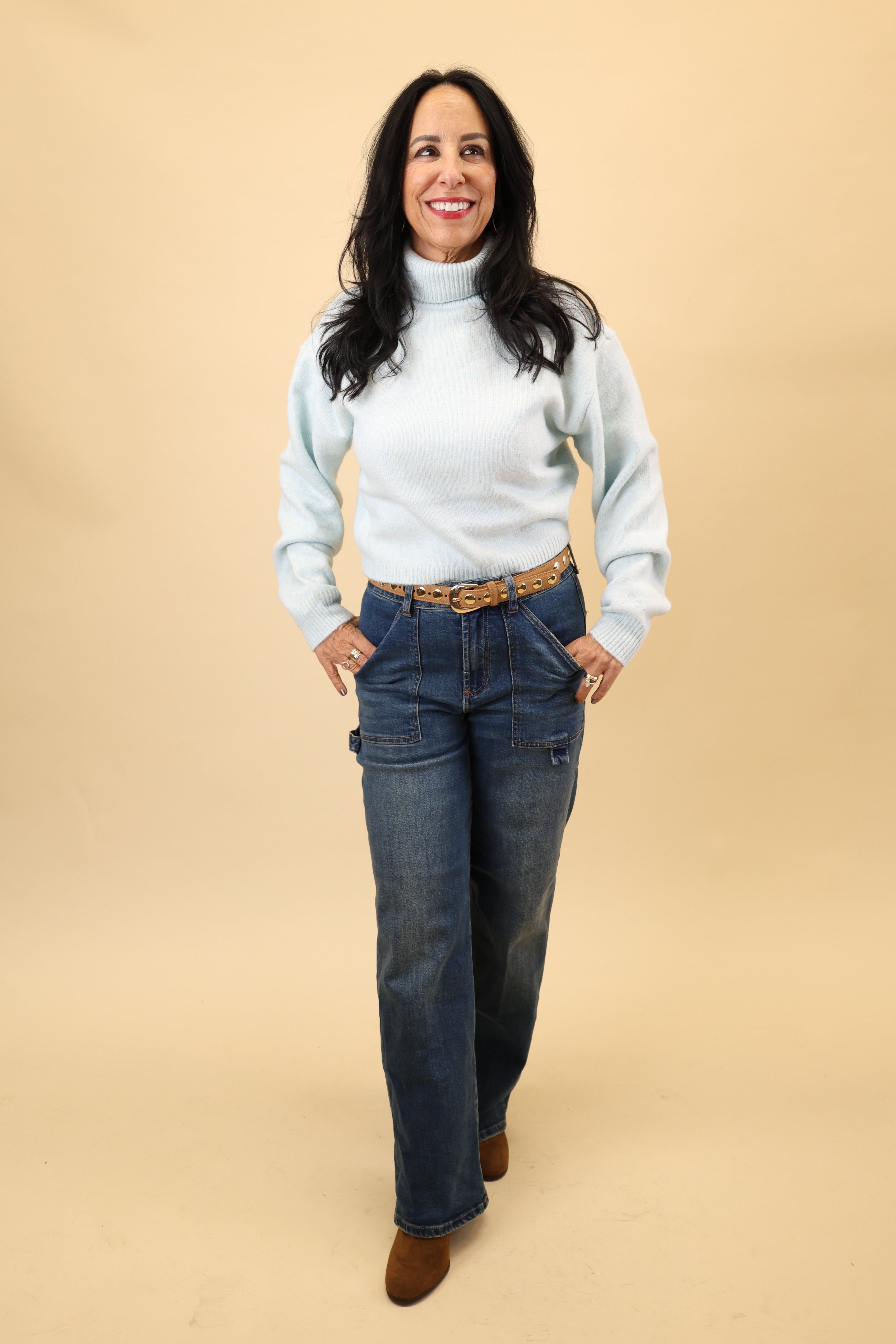 Holly High Rise Straight Jeans in medium denim wash with a flattering high waist and straight-leg cut.