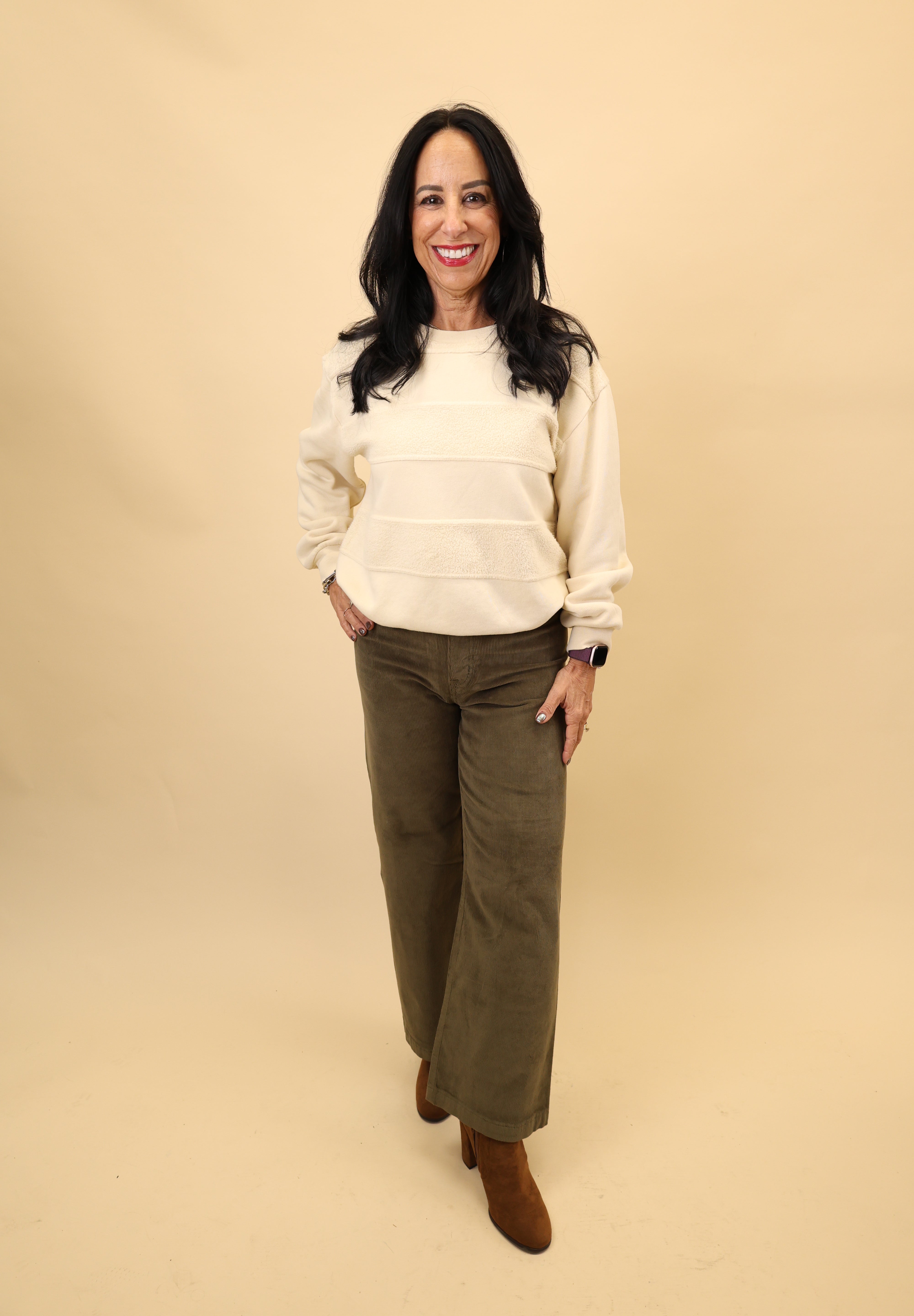 Dear John Lula Sweatshirt in cream with soft fabric and horizontal stripes in a contrasting texture, finished with a classic crewneck.