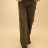 Wide-leg olive green Pistola Penny crop jeans made from vintage-inspired denim with a high-rise silhouette.