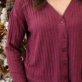Close-up of Z Supply Mara Rib Cardigan showing ribbed texture, button detail, and soft stretch fit.