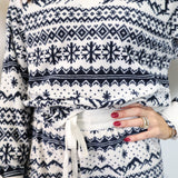 Close-up of Z Supply soft knit Fair Isle top showcasing blue and white patterned texture.