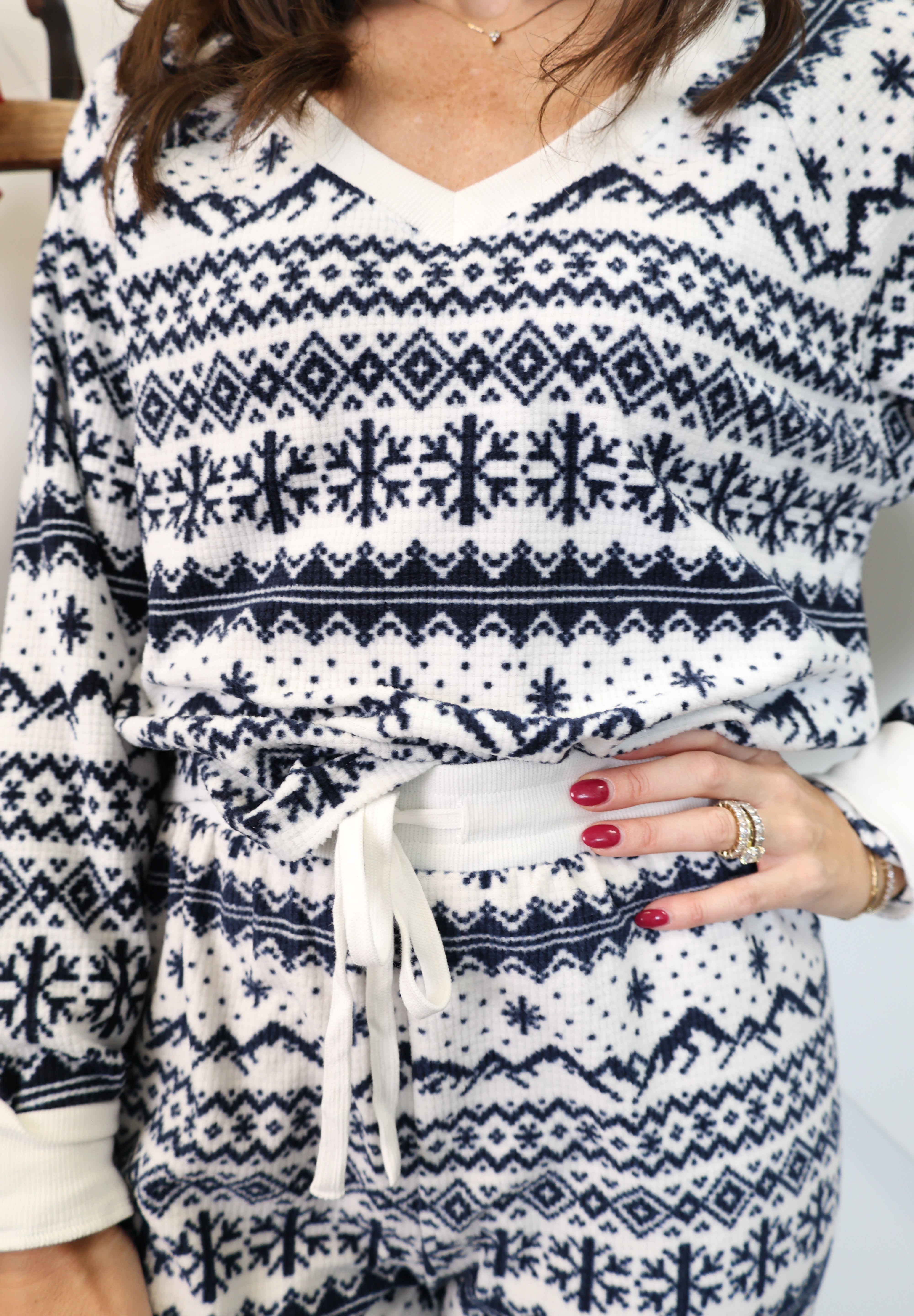 Close-up of Z Supply soft knit Fair Isle top showcasing blue and white patterned texture.