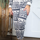 Close-up of Z Supply Twilight Fair Isle Jogger showing blue and white patterned knit and comfy fit.
