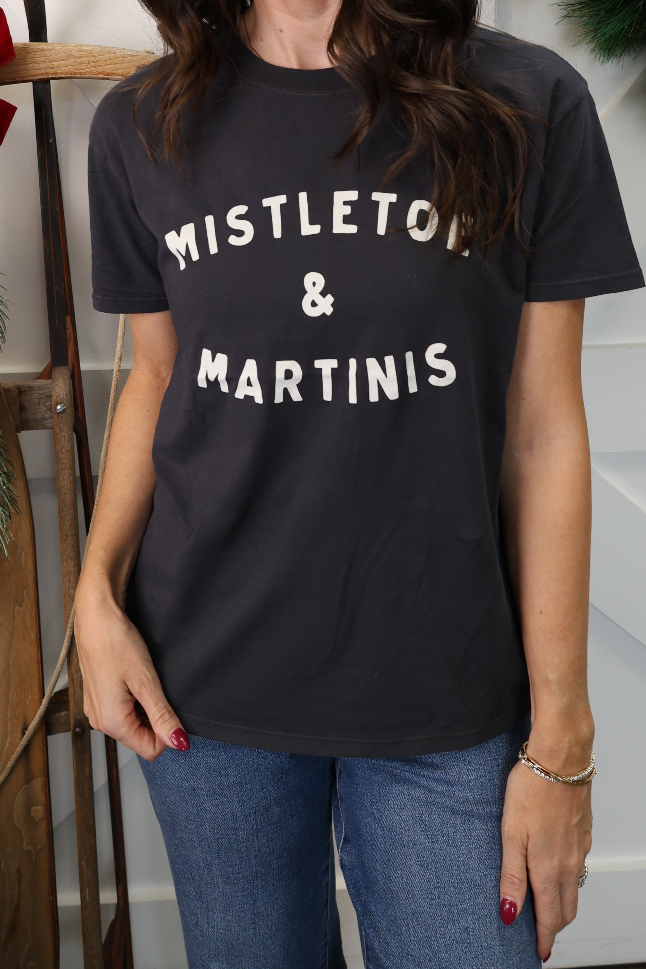 Z Supply relaxed boyfriend fit tee in black with white ‘Mistletoe and Martinis’ lettering.