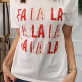 Z Supply relaxed boyfriend fit tee in white with bold red ‘Fa La La’ lettering on front.