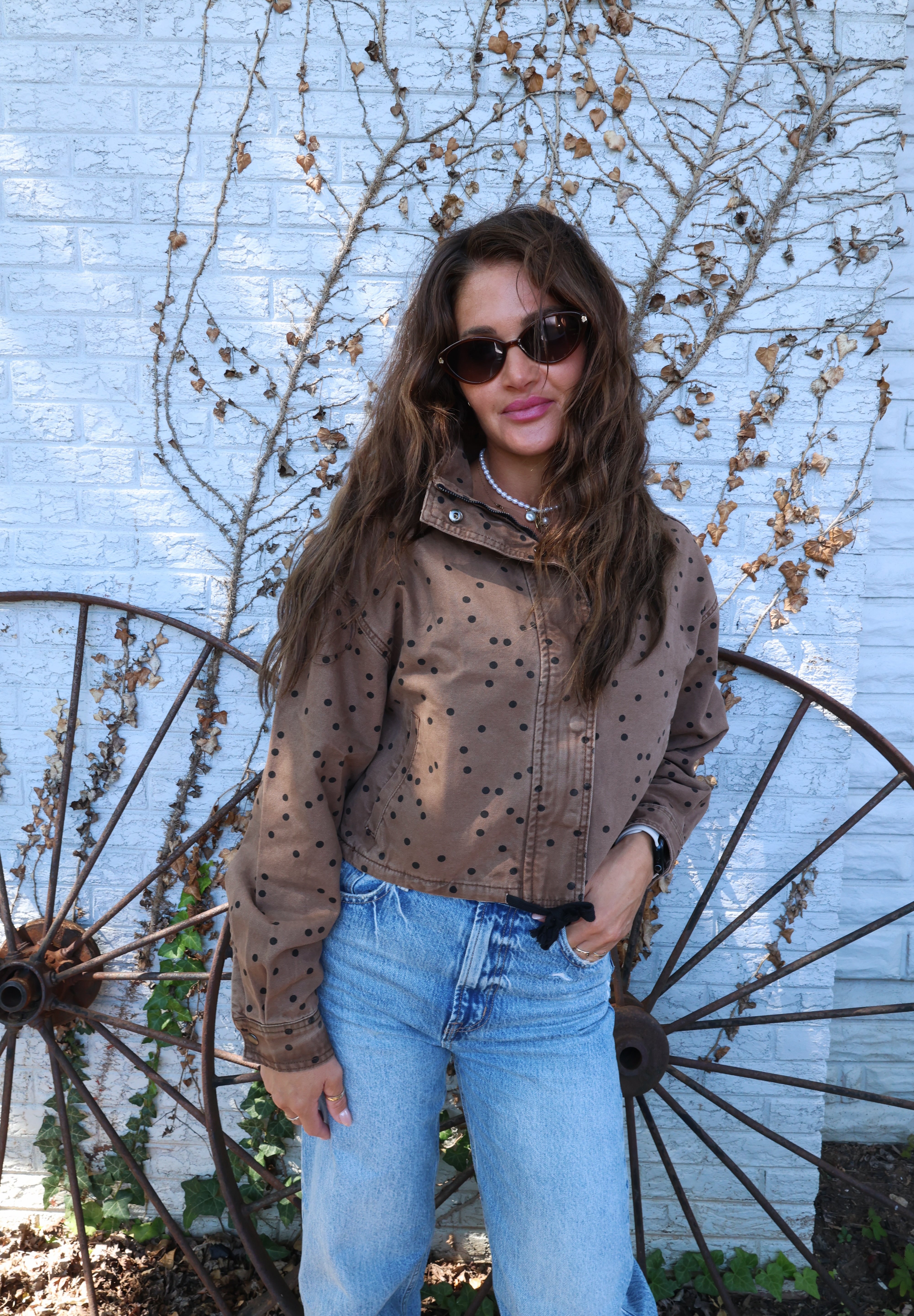 Women’s fall jacket in soft cotton knit with funnel neckline and braided detailing