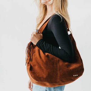 Hazel Hobo Shoulder Bag with Tassel: Chocolate Suede
