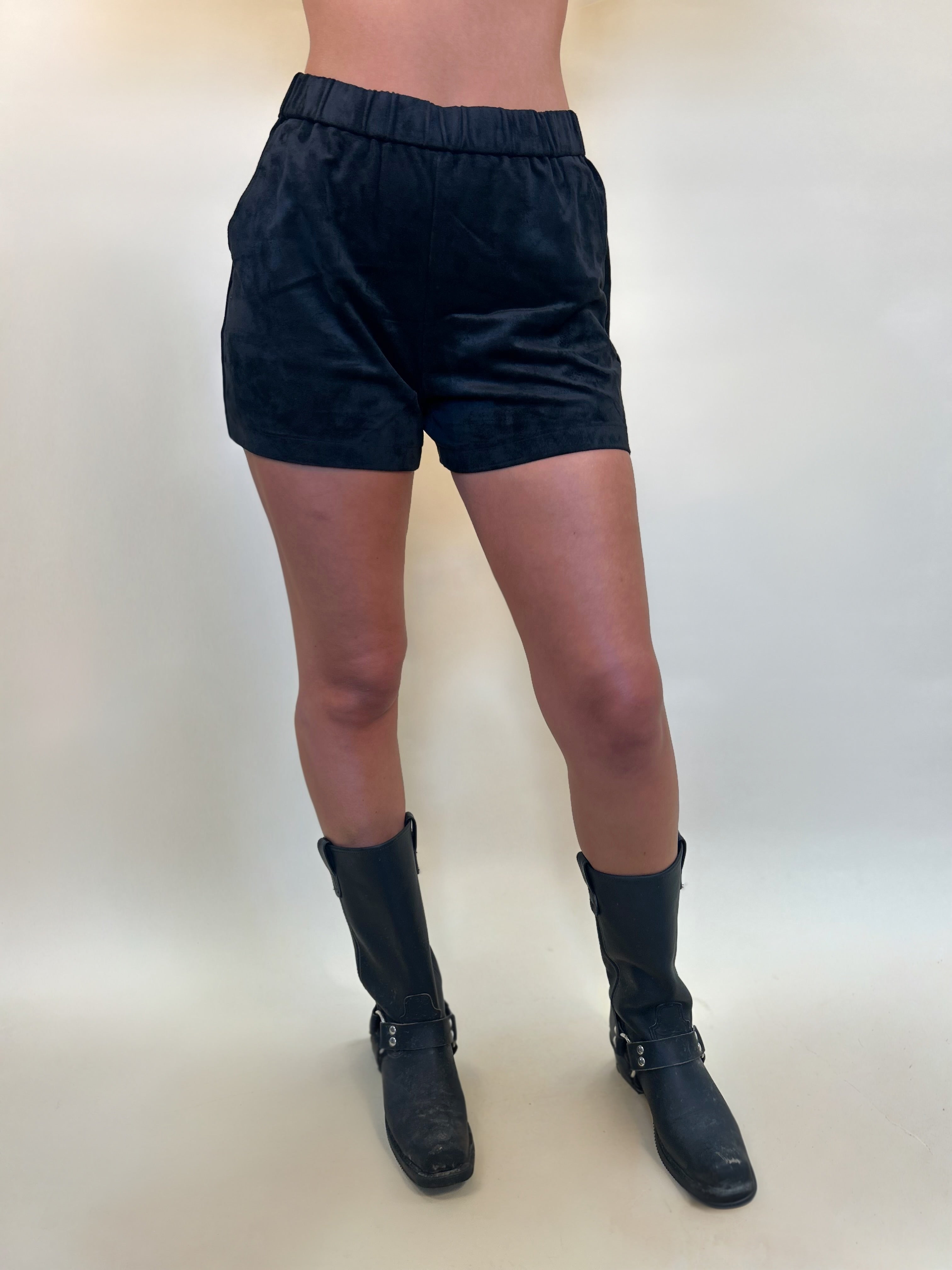 front view of z supply tia suede short in black, elastic waist band, pockets, short length - Shear Boutique pre-fall collection