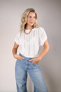 Women’s Z Supply Ballast Crochet Top in lightweight cotton crochet with relaxed silhouette, styled with monochrome cream denim.