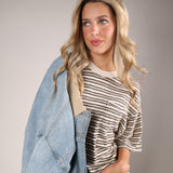 Free People All Love Stripe Pocket Tee in brown featuring horizontal stripe pattern and relaxed oversized fit.