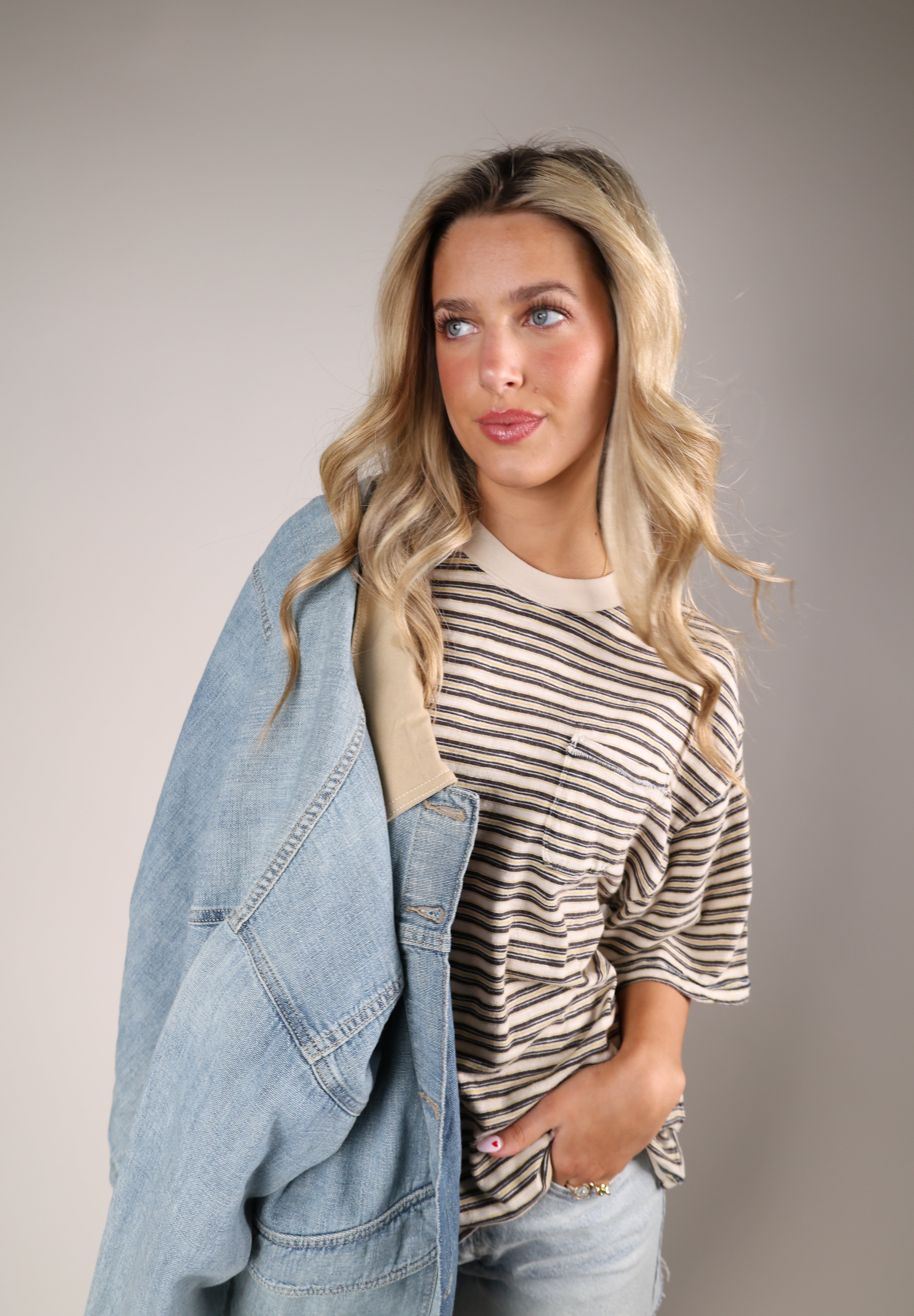 Free People All Love Stripe Pocket Tee in brown featuring horizontal stripe pattern and relaxed oversized fit.