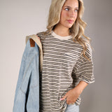 Free People All Love Stripe Pocket Tee in brown and neutral stripes with soft cotton fabric and boxy silhouette.
