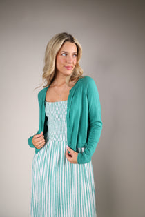 Z Supply The Perfect Layer Cardigan in vibrant green featuring lightweight knit fabric, button-front closure, and fitted silhouette.