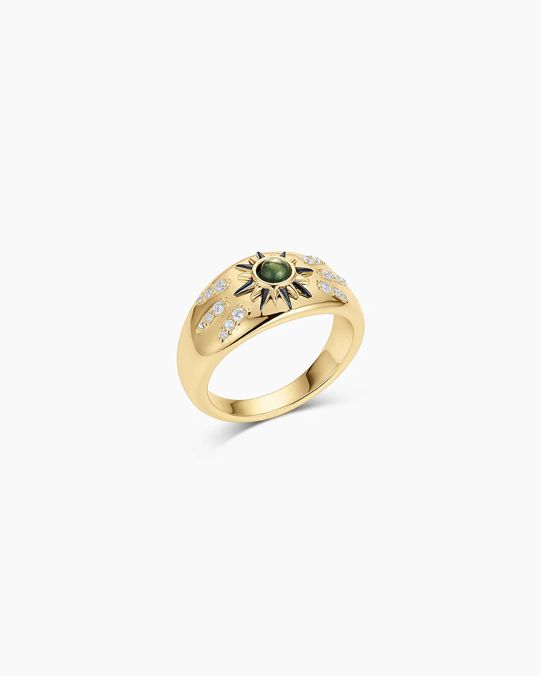 Vintage-inspired gold ring with starburst detail and sparkling crystal accents.
