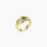 Vintage-inspired gold ring with starburst detail and sparkling crystal accents.