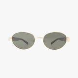 Kohv Eyewear Coco oval sunglasses with gold front, tortoise arms, and polarized green lenses