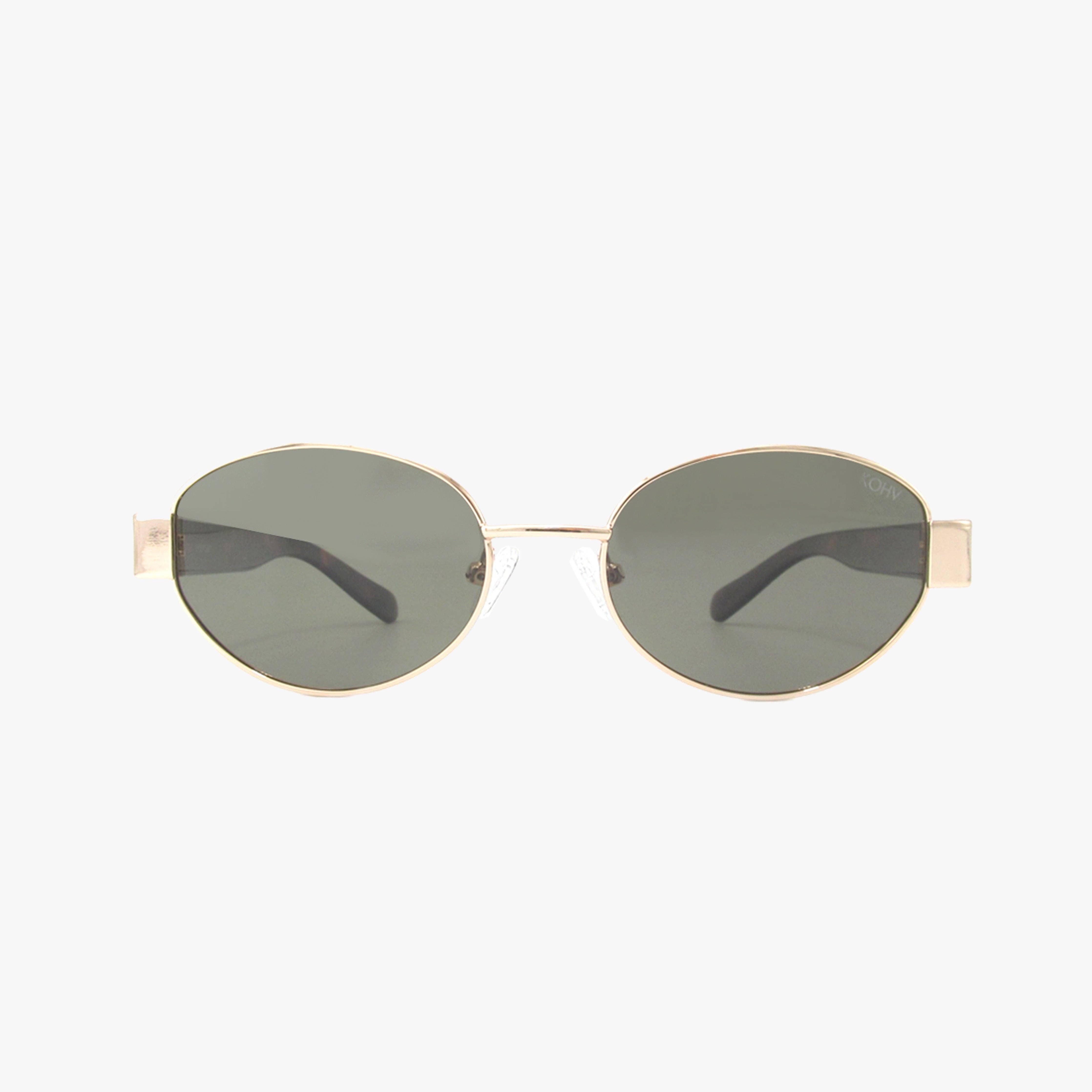 Kohv Eyewear Coco oval sunglasses with gold front, tortoise arms, and polarized green lenses