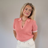 Pink Steve Madden Aspen sweater top with a cropped fit, short sleeves, and a stylish Johnny collar.